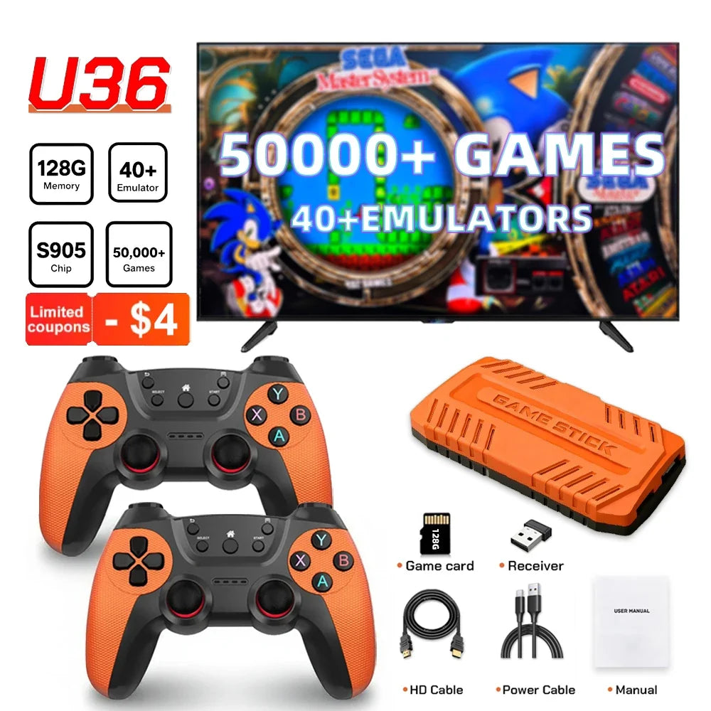 U36 Wireless Game Stick Retro Gaming Console S905X4 128G 50,000+ Games Support 40+ Classic Emulators For PS1 4K HDMI Kid Gifts