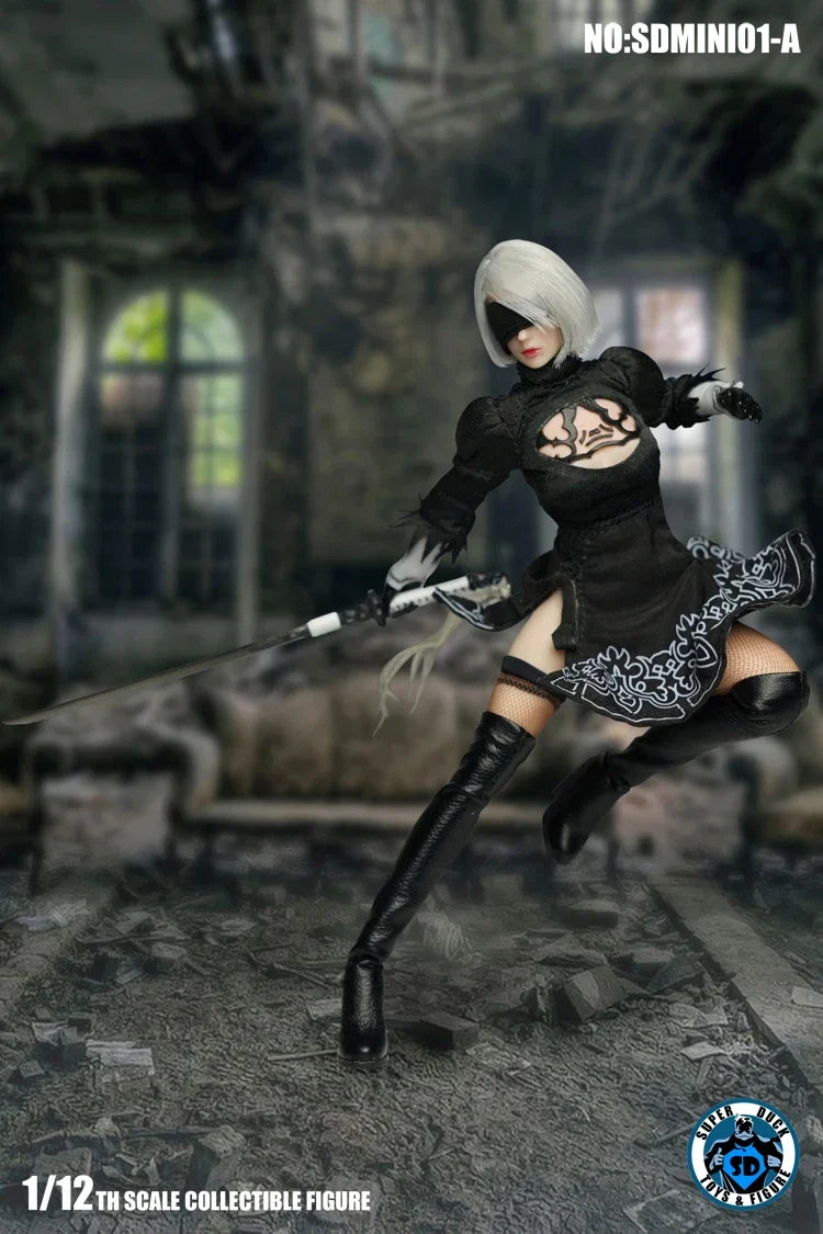 Sdmini001 1/12 Nier 2B Girl Head Sculpt Gothic Dress Over Knee High Heel Boots Accessory For 6'' Women Soldier Action Figure Toy