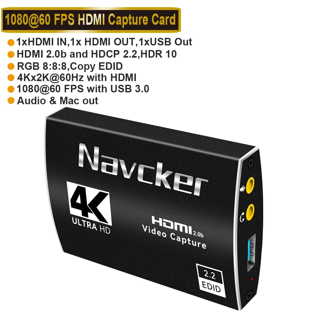 4K USB 3.0 Video Capture Card HDMI Bypass HDCP 1080P 60Hz HD Video Recorder Grabber For PS5 OBS Game Recording Live Streaming