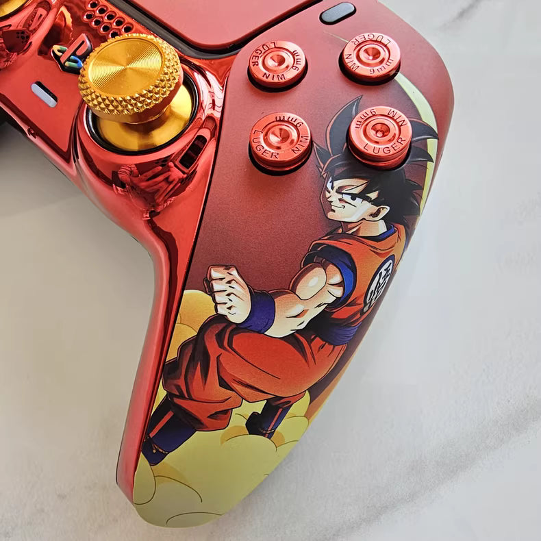 Sony PS5 original controller modified and upgraded with Hall effect TMR joysticks: Dragon Ball Goku theme.