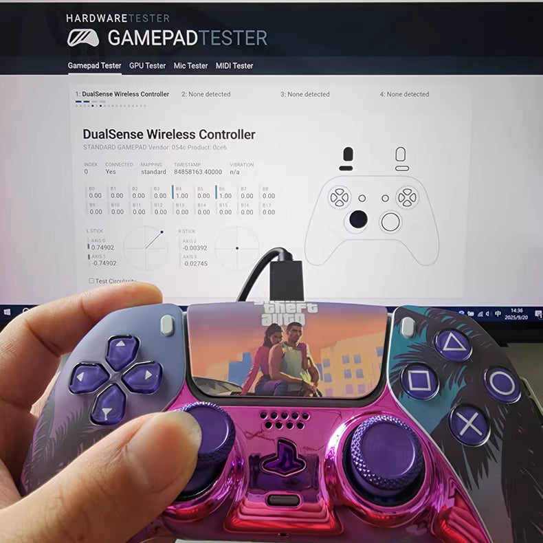 Sony original PS5 controller upgraded with Hall effect TMR joystick: GTA Purple Coconut