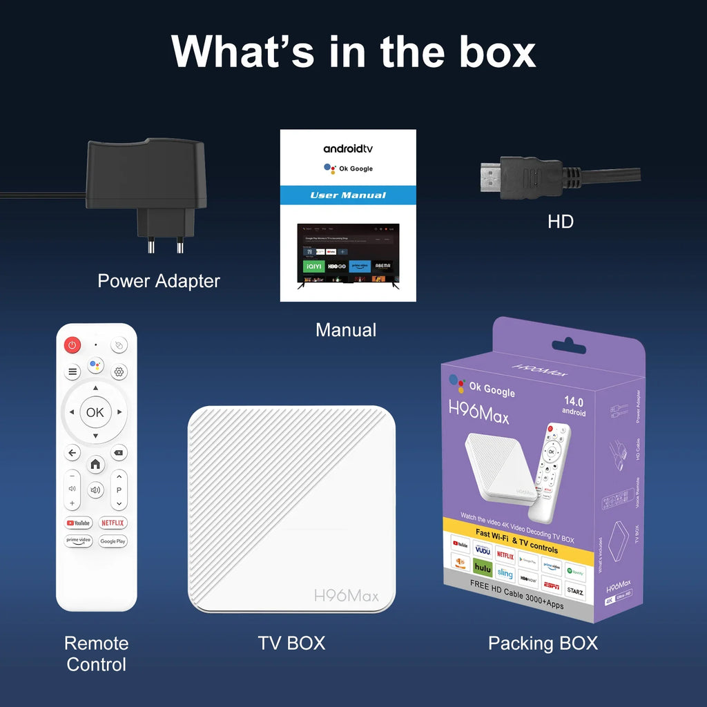 H96 MAX H313 TV Box Android 14 ATV TV Box 4K Video Set Top Box 100M LAN Wifi6 BT5.0 Voice Assistant Media Player TV Box 2GB 16GB