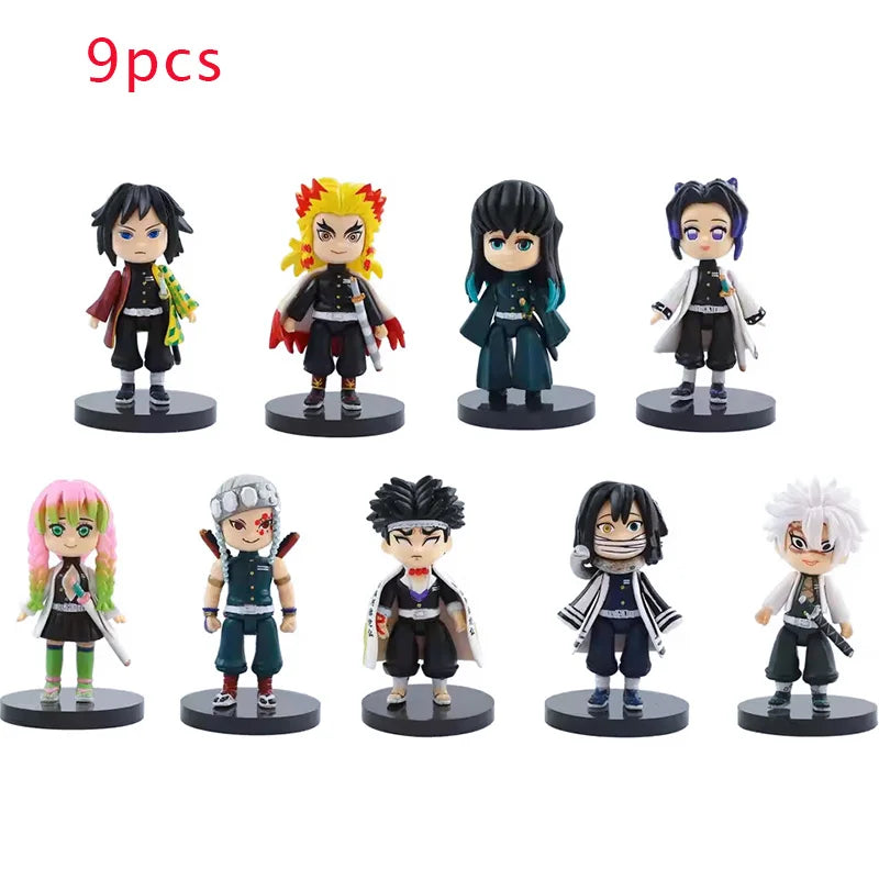 9pcs Q Version Demon Slayer Sitting Ghost Doll Tanjiro Nidouzi Inosuke Zenizu Toy Figural PVC Model Gift