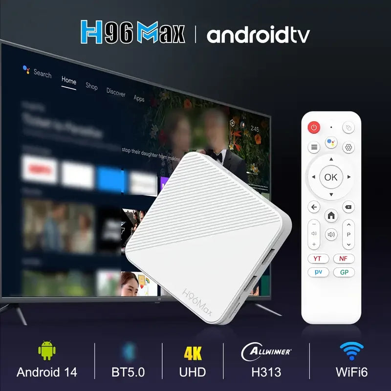 H96 MAX H313 Smart TV Box Android 14 ATV TV Box 4K@60fps 100M/LAN Wifi6 BT5.0 Google Voice Assistant Media Player Set Top Box