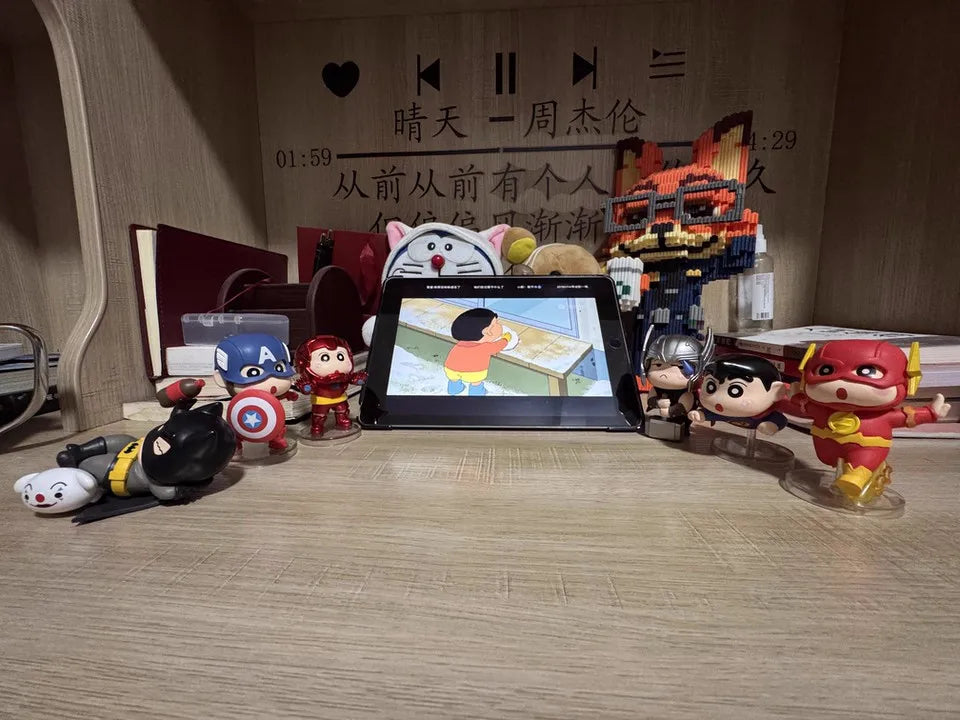 6pcs/set Anime Crayon Shin-chan Cos Captain America Iron Man q-version Action Figure PVC Model Toys Desk Decor Collectible Gifts