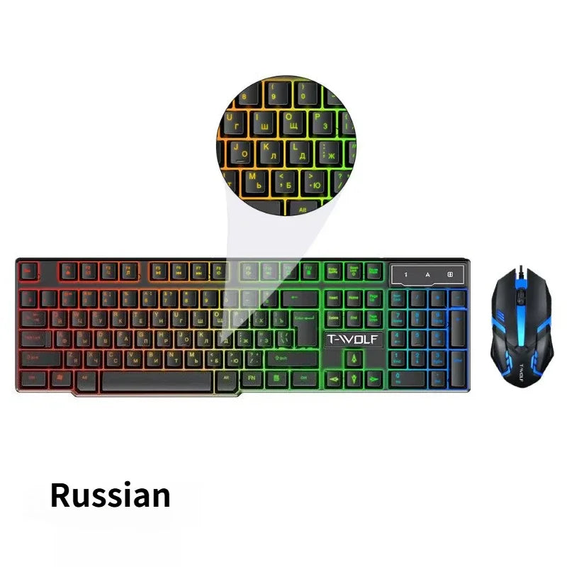 TF200 Wired Keyboard Mouse Combos 104 Keys RGB Blacklight Multi-function USB Gaming Keyboard English Russian for Game Office