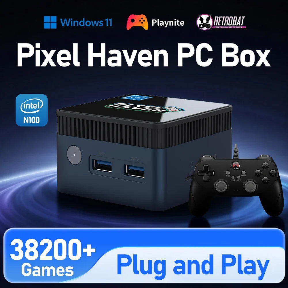 JMachen Pixel Haven Mini PC Box Windows 11&Retrobat&Playnite with 38200+Games for PS3/2/1/PSP/MAME/Wii Plug and Play Intel N100