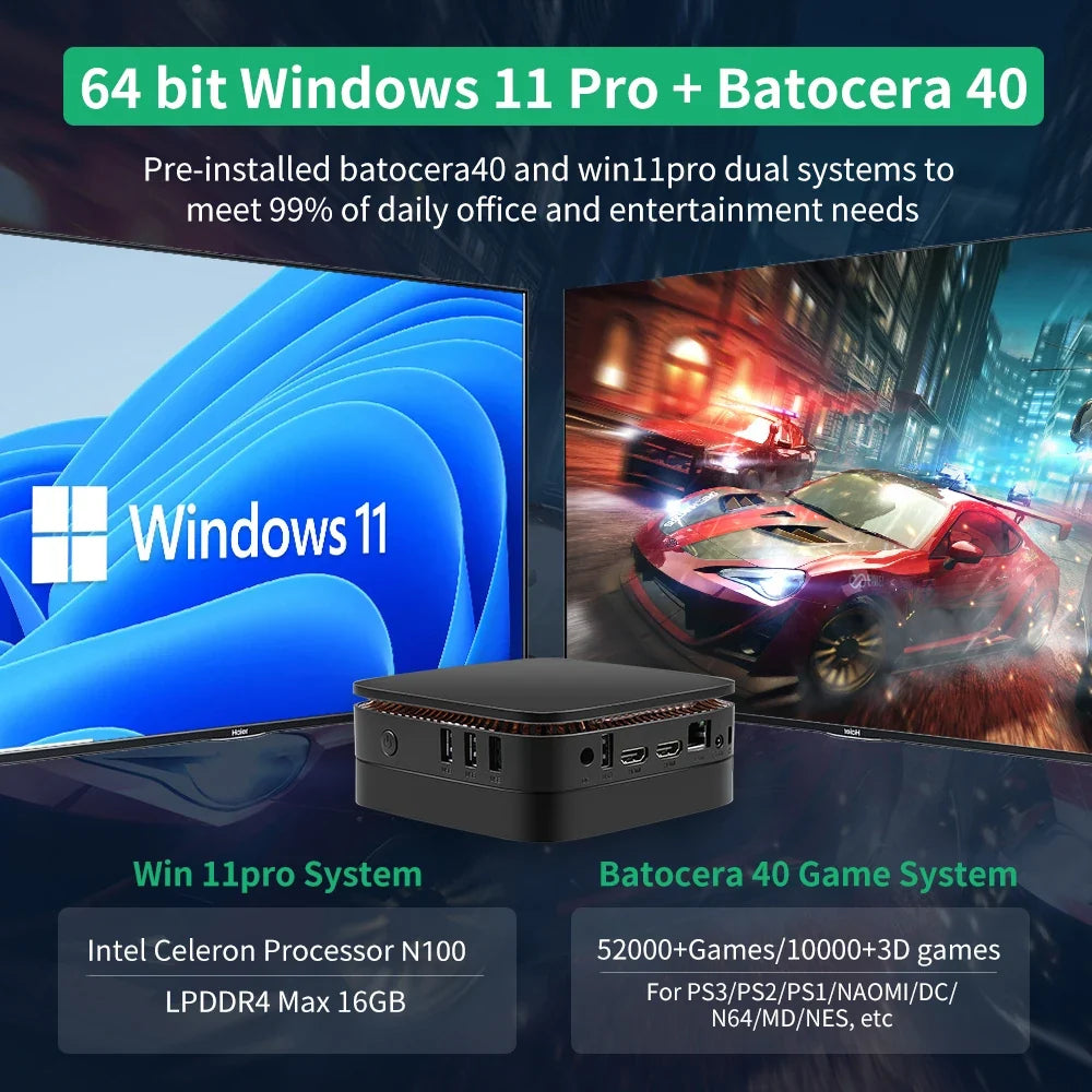 Intel N100 Game PC Box WIN 11 Pro & Batocera 40 Retro Video Game Console 2T HDD 52000+Games 80+Emulators for PS3/PS2/PS1/Wii/N64