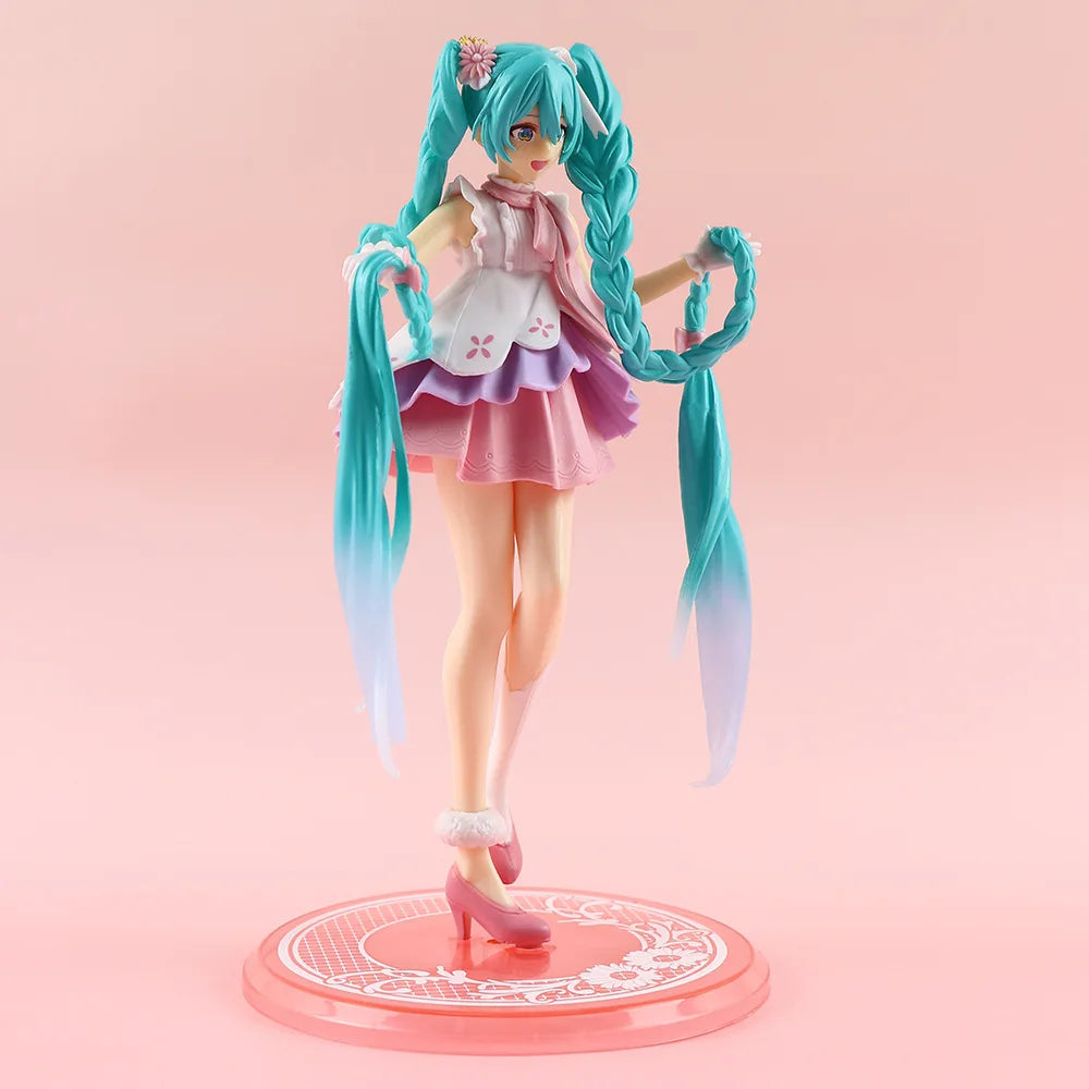 New Anime Hatsune Miku Virtual Singer Manga Figurines  Green long hair pink skirt Kawaii girl PVC Action Figure Model Toy
