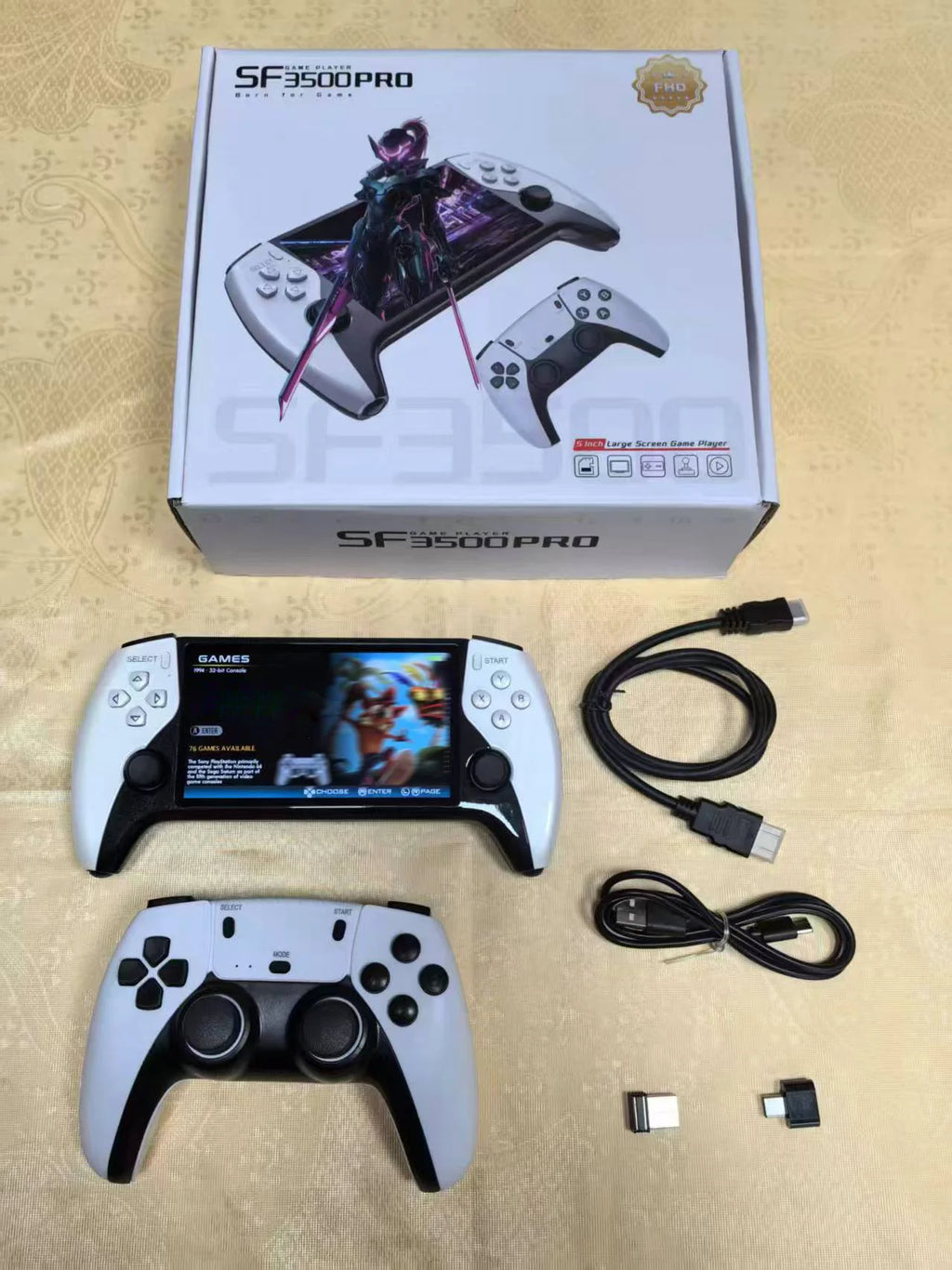 2 in1 Multi-Functional Retro Wireless Game Controller&Handheld Console SF3500Pro,5-inch IPS Screen with Dual Core CPU,FHD Cable