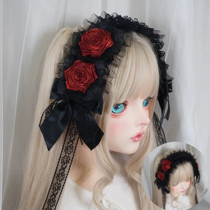 Handmade Rose Girl Lace Bow Dark Headpiece Gothic Bride Scorched Edge Rose Flower Headband Halloween lolita Doll Hair Accessory