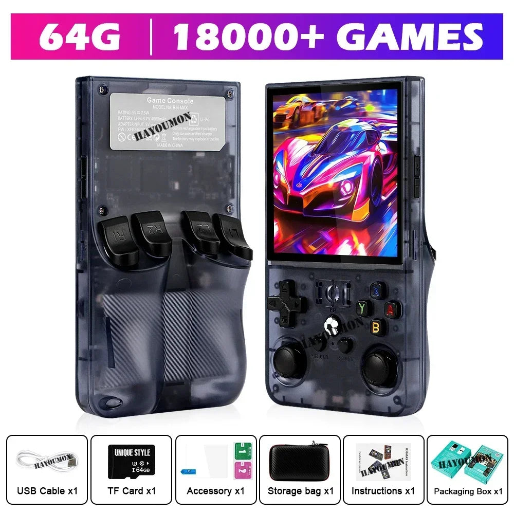 Gray R36 Max Console Handheld Game Players 4" IPS Screen Open Source Console Retro Pocket Video Player 128G Up to 20000+ Games