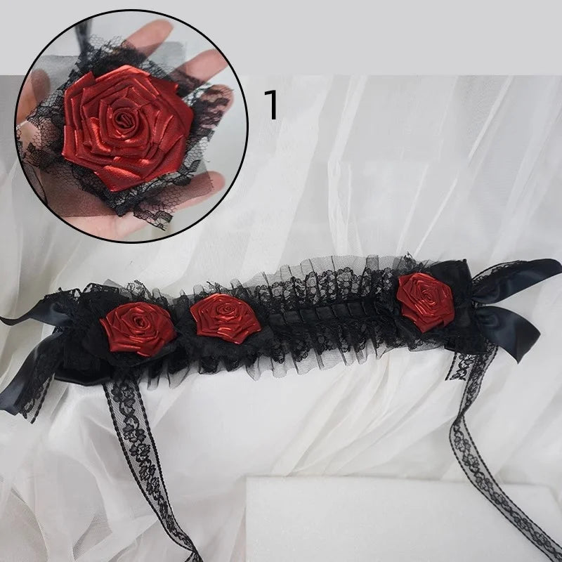 Handmade Rose Girl Lace Bow Dark Headpiece Gothic Bride Scorched Edge Rose Flower Headband Halloween lolita Doll Hair Accessory