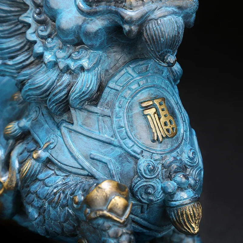 Feng Shui Copper Wind and Fire Kirin Statue Mascot Sculpture Brass Painted Home Decoration