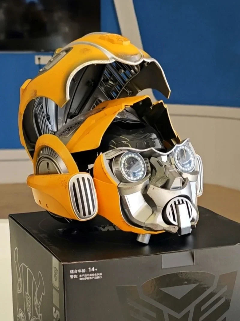 Transformers Bumblebee Helmet Mask English Voice Control Mask Light Up Eyes Helmet Bluetooth Base Xmas Cosplay Toys Collectibles