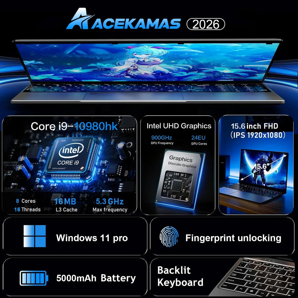 ACEKAMAS 15.6" Laptop Computer PC Intel Core i9 10980HK Windows 11 16GB RAM 1TB SSD Fingerprint Unlock Notebook Backlight Laptop