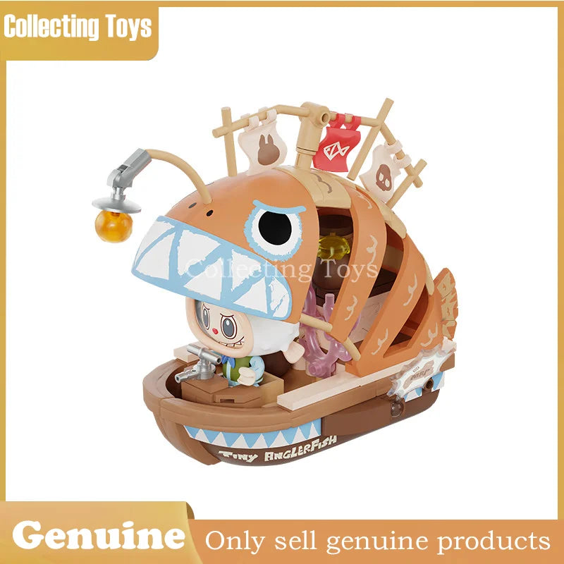 Genuine Pop Mart Labubu Themonsters Chasing Mermaids Series Blocks Fish Boat Puzzle Toys Pirate Ship Building Set For Collectors