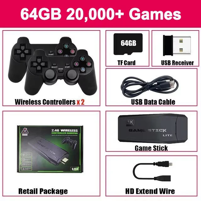 Retro Video Game Console Built-in 20000+ Games Handheld Game Player 64G 4K TV Game Stick 2.4G Wireless Controller Gamepad