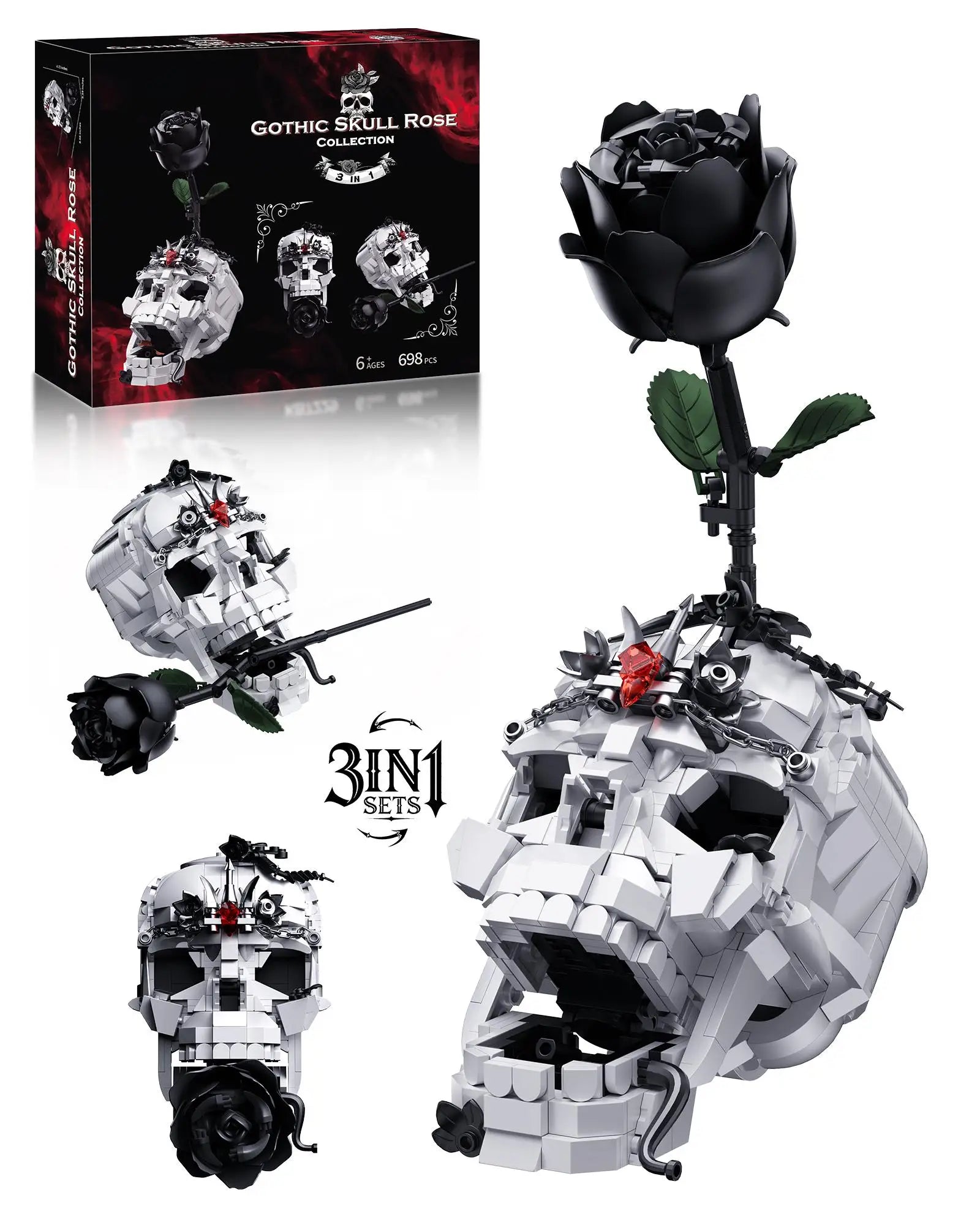 Creative Evil Skull Transformation Model Toy Block Dark Rose 3-in-1 Set Office Decoration Assembly Toy Boy Halloween Gift