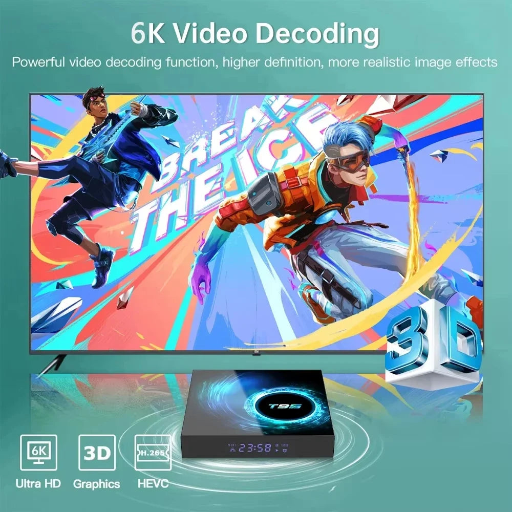 Smart TV Box Android 14 T95 6K Allwinnerh616 Media Player Dual WiFi Bluetooth 5.4 with Remote Support Google Voice Set Top Box