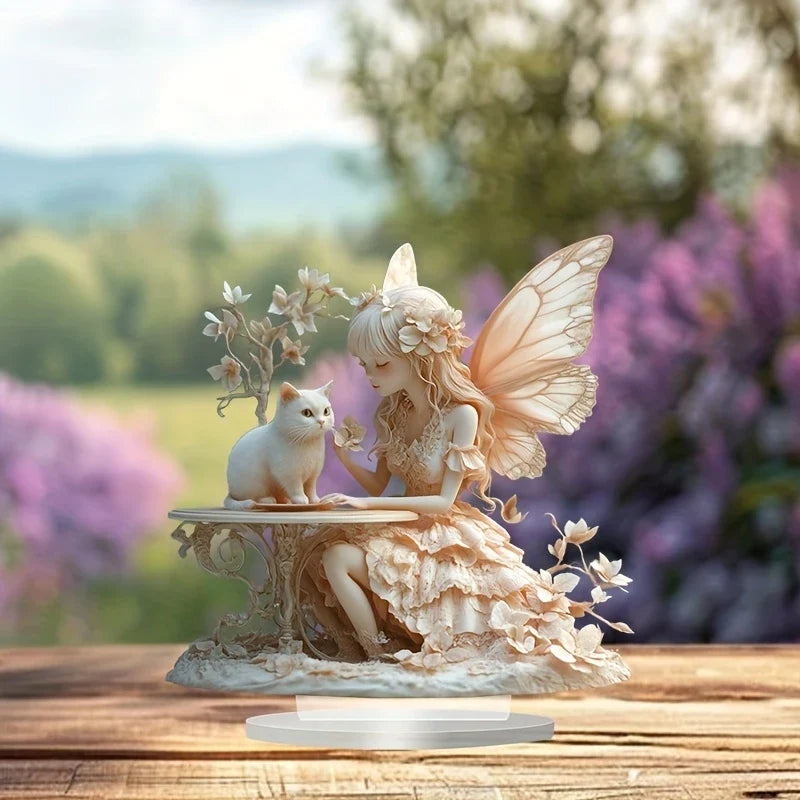 Bohemian Style 8in 2D Acrylic Angel And Cat Figurine Artistic Cartoon Decoration Colorful Print Water-Resistant Romantic Gift