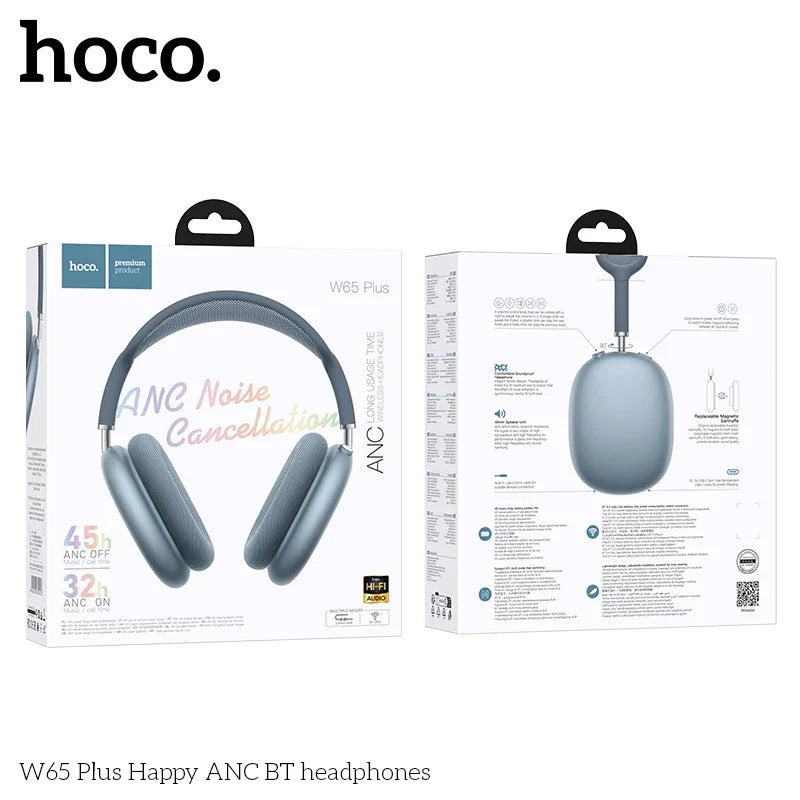 HOCO W65 Plus ANC Noise Reduction Bluetooth Headphones Over The Ear Wireless Big Earphone Hifi Sounds Sport Headsets With Button