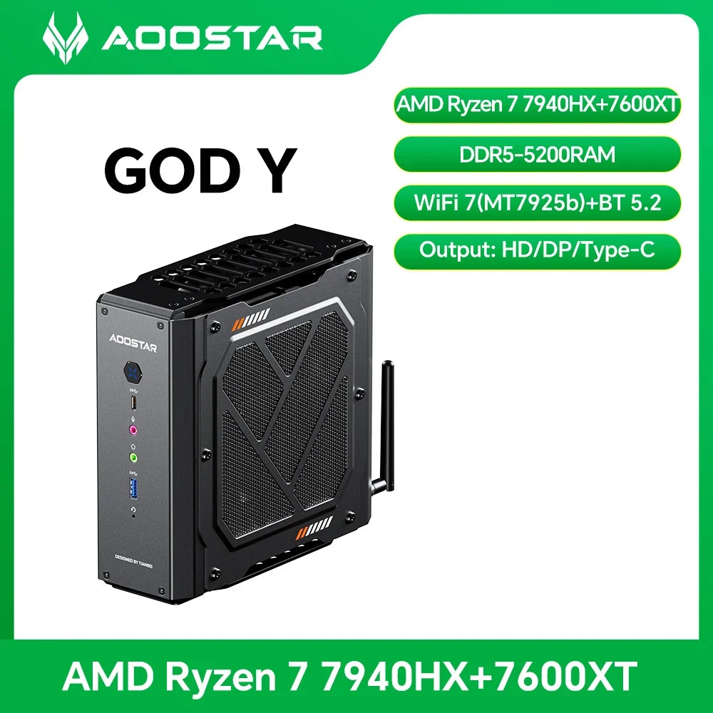 AOOSTAR GODY Mini Gaming PC – AMD Ryzen 9 7940HX + RX 7600XT, WiFi 7, 4K Triple Display, High Performance Desktop