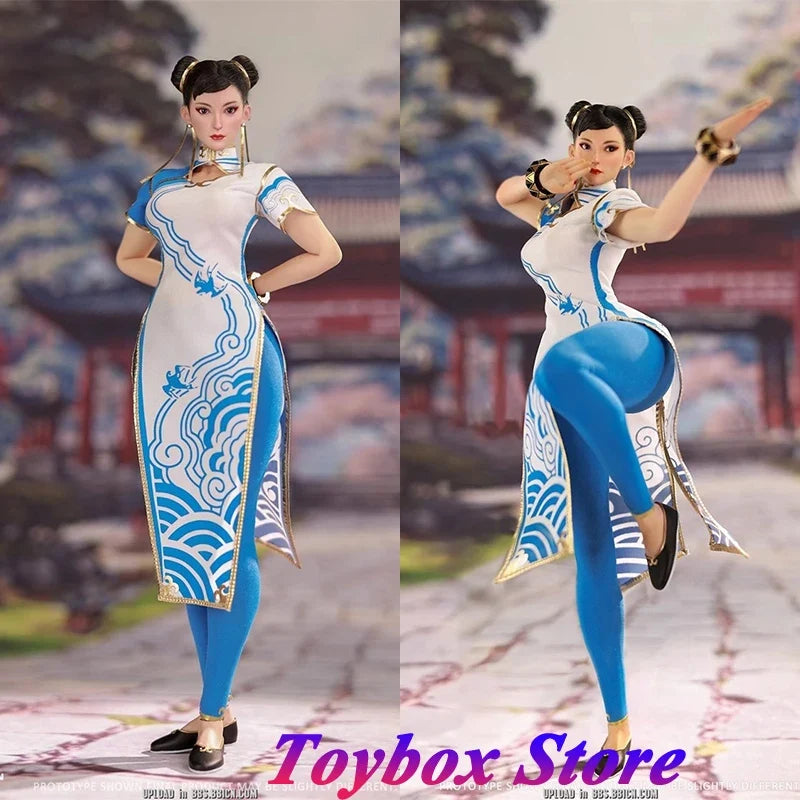 STAR MAN MS-011 1/6 Chun Li Cloth Action Figure Blue White Cloud Print Cheongsam Design 12" Female Fighter Soldier Model