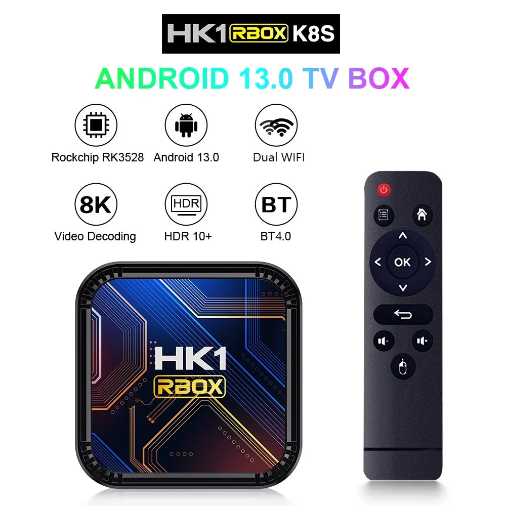 HK1 RBOX K8S Android 13.0 TV Box OTA Rockchip RK3528 4K 2.4G 5G Wifi6 BT5.0 100M Lan 16GB 32GB 64GB