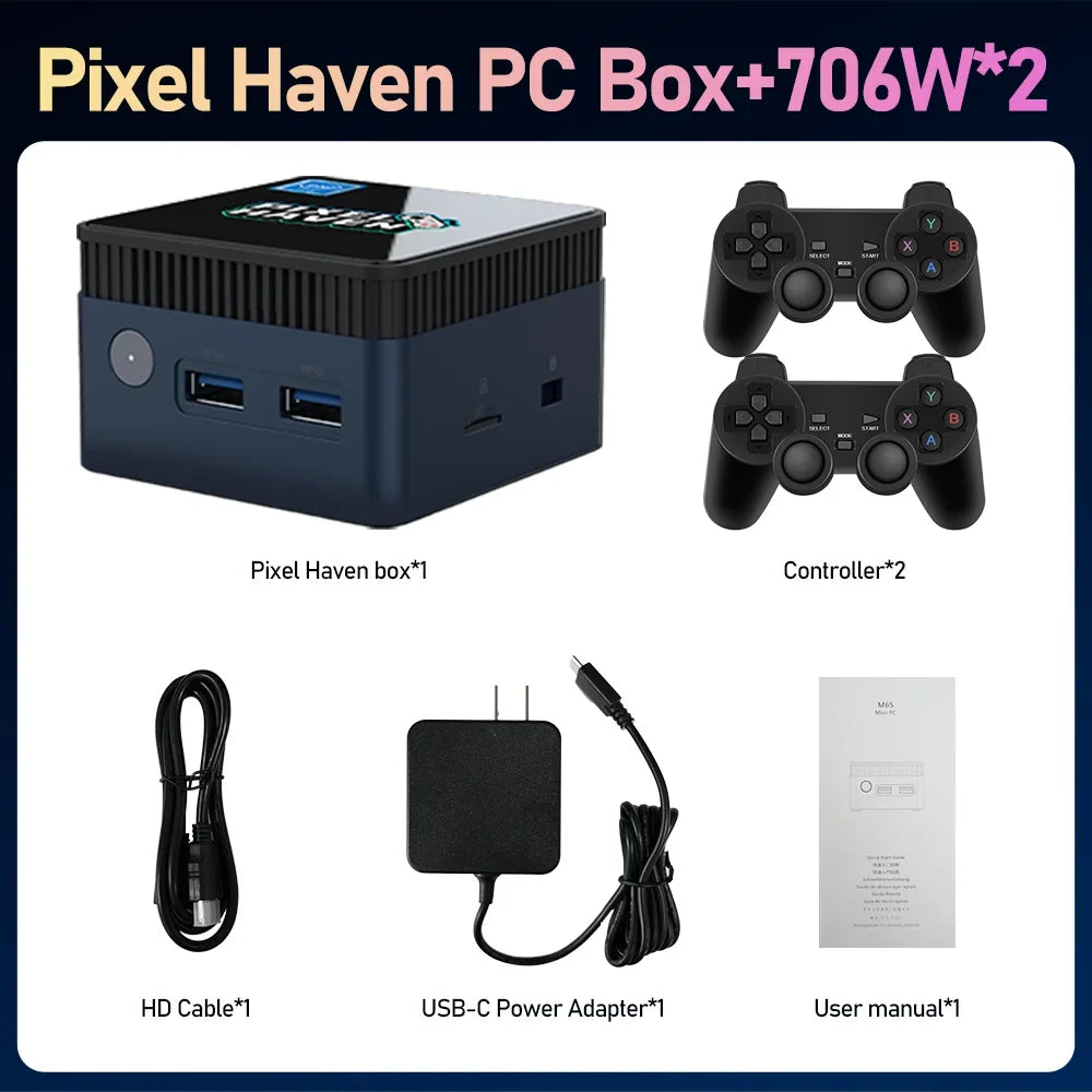 JMachen Pixel Haven Mini PC Box Windows 11&Retrobat&Playnite with 38200+Games for PS3/2/1/PSP/MAME/Wii Plug and Play Intel N100