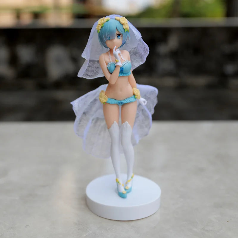 BANDAI 25CM Rem Anime Figure Re:Zero kara Hajimeru Isekai Seikatsu Kawaii Ram Crystal Wedding Dress Model PVC Doll Toys