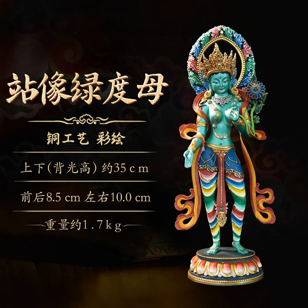 Nepal Tibet Craft Handmade Pure Copper Green Tara Statue Tibetan Buddhist Tantric Painted Standing Figure