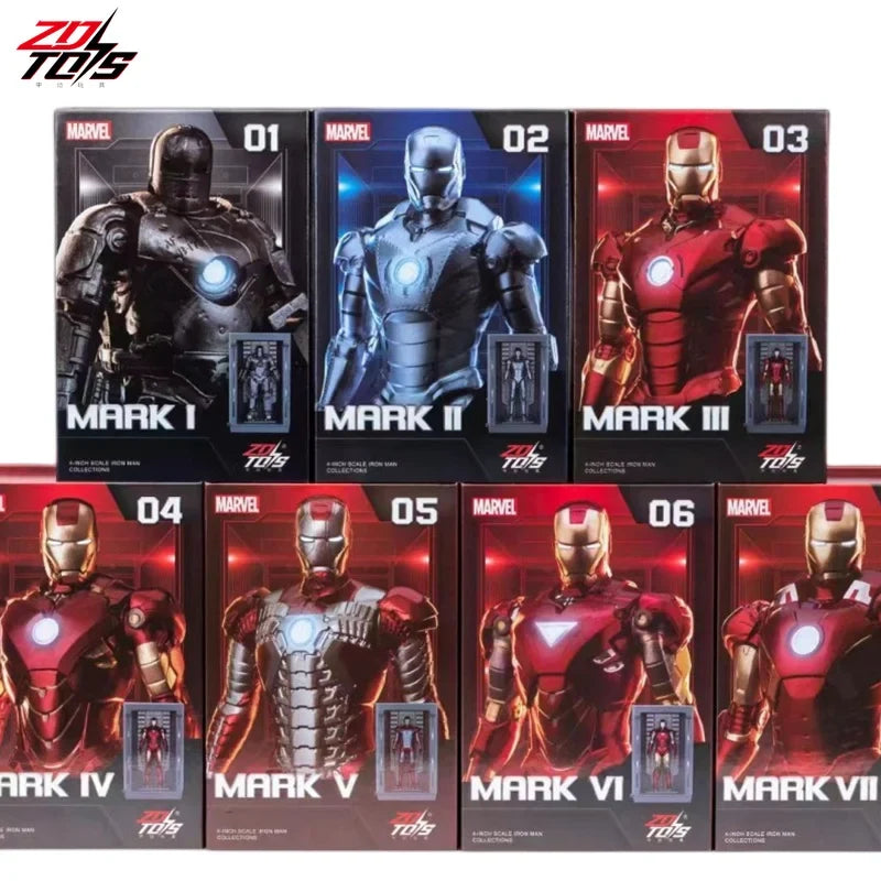 7Pcs/Set ZD Original Iron Man GNAKU Set 1/20 4inches Action Figures Marvel legends MK1 MK2 MK3 MK4 MK5 MK6 MK7 Model Doll Toy