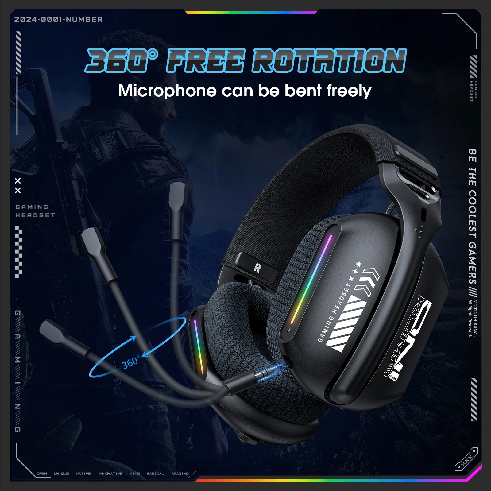 Onikuma Gt808 Three Mode with Mic E-Sports Wireless Gaming Headset Rgb Lighting Supports Bluetooth 5.3 / 2.4g / Aux 3.5mm