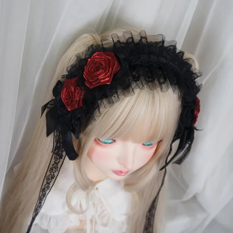 Handmade Rose Girl Lace Bow Dark Headpiece Gothic Bride Scorched Edge Rose Flower Headband Halloween lolita Doll Hair Accessory