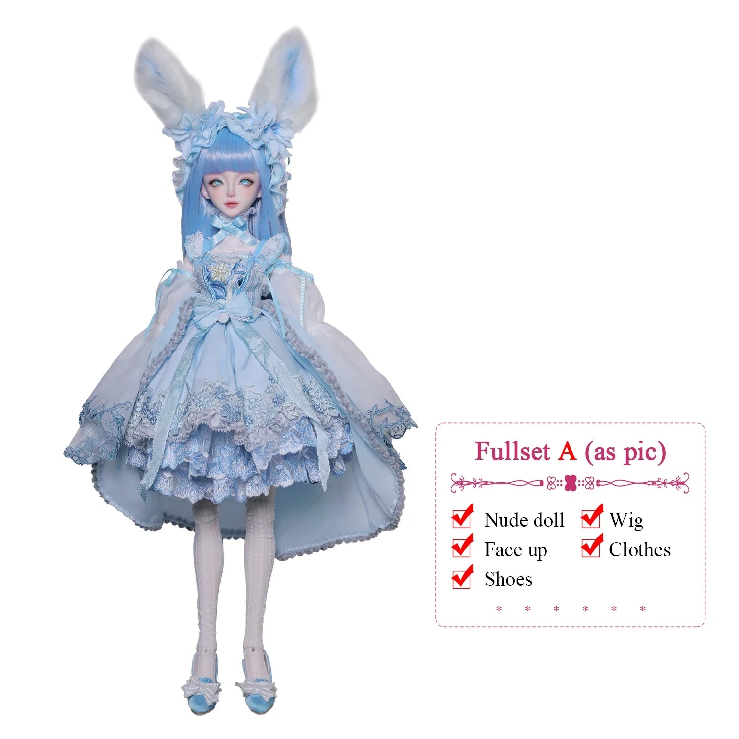JOYBJD Ynes 1/4 BJD Doll Aqua Blue Rabbit Fullset Muxi Body Light Blue Clothes Handmade Resin Figure Outfit Wig