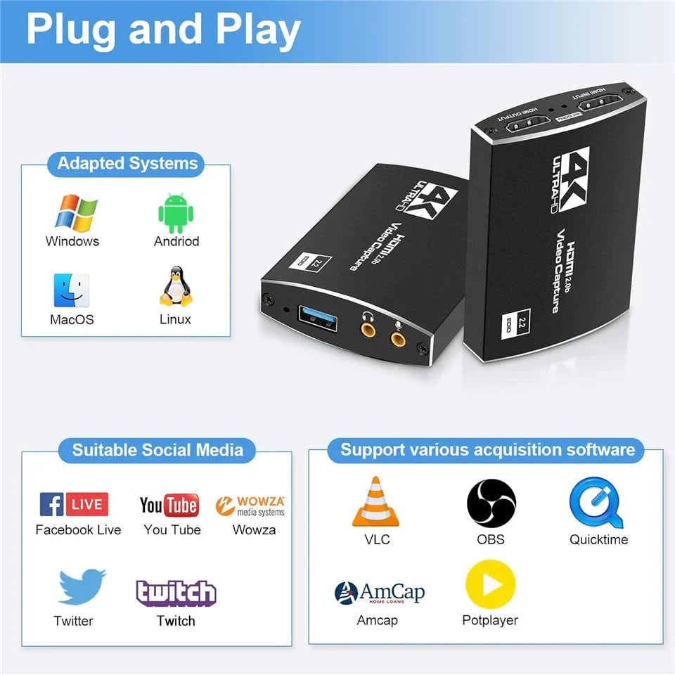 4K USB 3.0 Video Capture Card HDMI Bypass HDCP 1080P 60Hz HD Video Recorder Grabber For PS5 OBS Game Recording Live Streaming