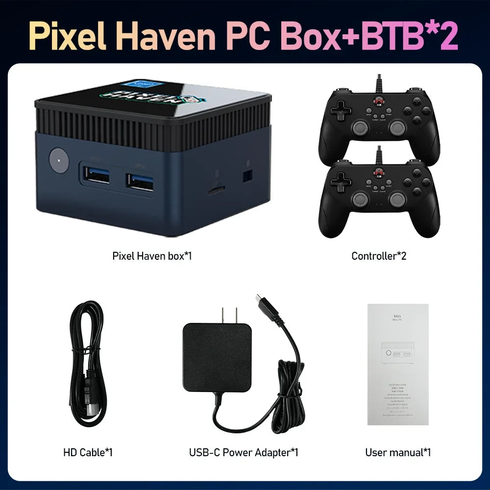 JMachen Pixel Haven Mini PC Box Windows 11&Retrobat&Playnite with 38200+Games for PS3/2/1/PSP/MAME/Wii Plug and Play Intel N100