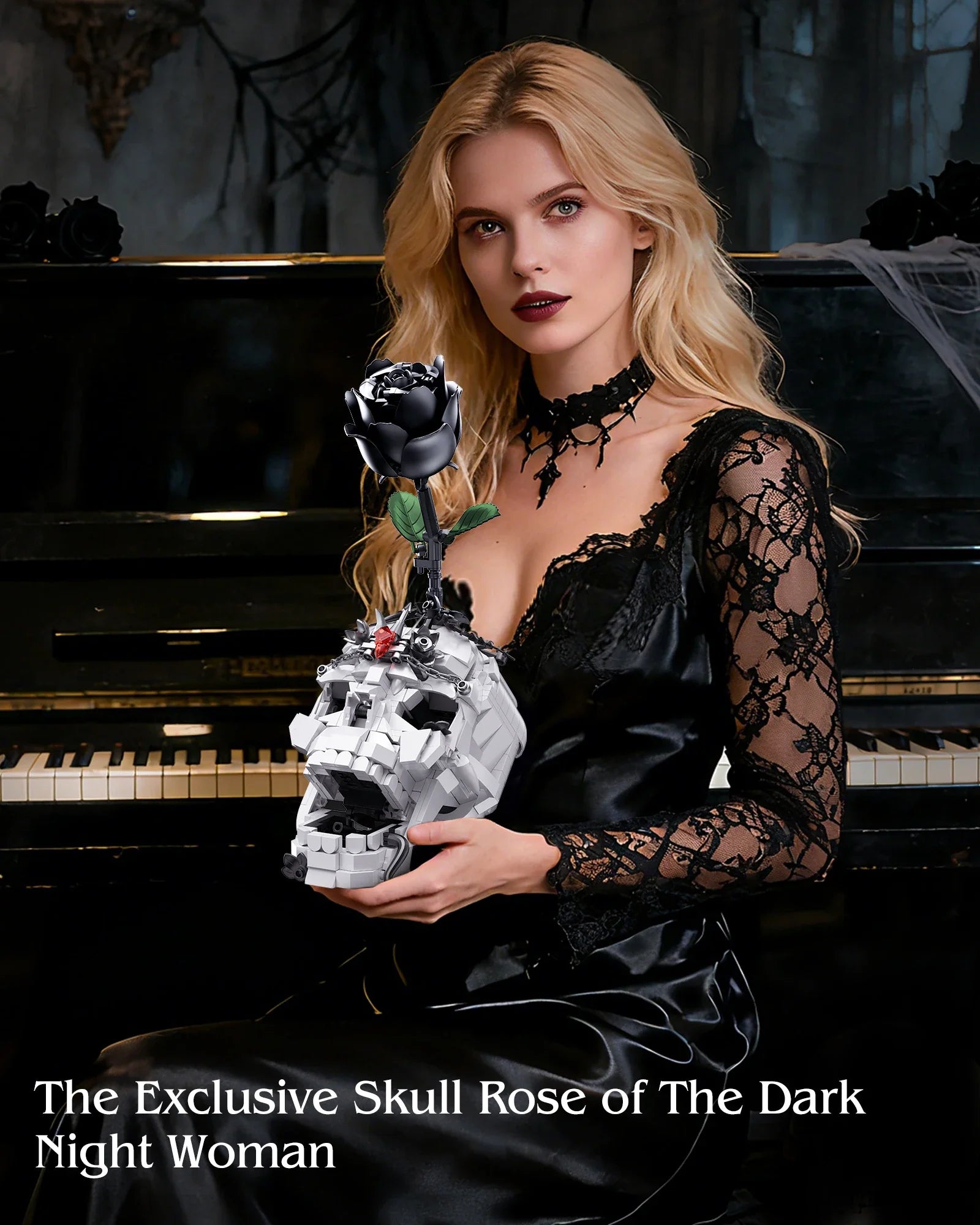 Creative Evil Skull Transformation Model Toy Block Dark Rose 3-in-1 Set Office Decoration Assembly Toy Boy Halloween Gift