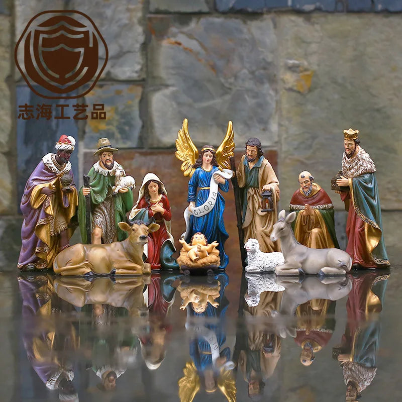 Christmas Nativity Scene Set - Resin Manger Figurines, Holiday Gift Box for Home/Church Decor