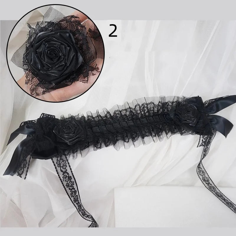 Handmade Rose Girl Lace Bow Dark Headpiece Gothic Bride Scorched Edge Rose Flower Headband Halloween lolita Doll Hair Accessory