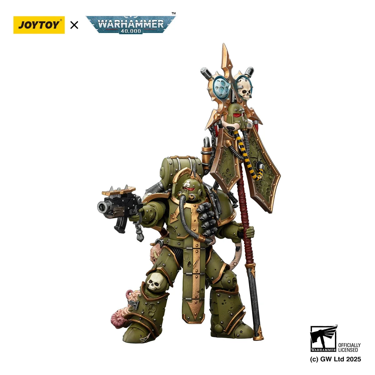 【MT】JOYTOY Warhammer 40K Death Guard Plague Marine Icon Bearer with Boltgun and Plague Knife 1/18 Action Figure Model