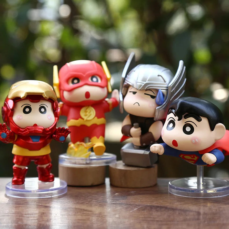 6pcs/set Anime Crayon Shin-chan Cos Captain America Iron Man q-version Action Figure PVC Model Toys Desk Decor Collectible Gifts