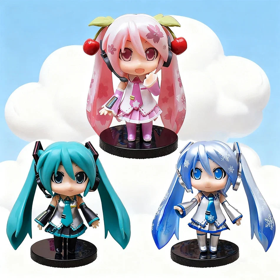 3Pcs Anime Q Version Figure Cute Girl Mini Ornaments Kawaii Pink Green Hatsune Home Desk Decoration Adult Toys Kid Birthday Gift