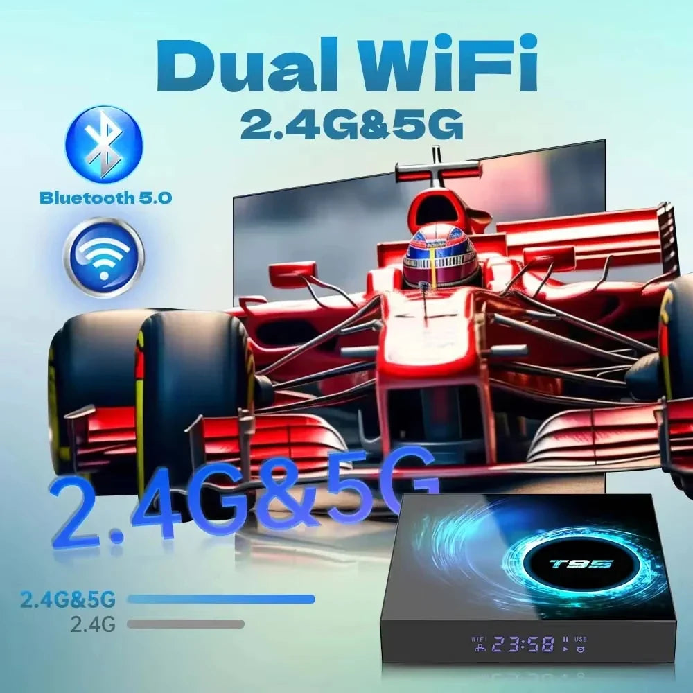 Smart TV Box Android 14 T95 6K Allwinnerh616 Media Player Dual WiFi Bluetooth 5.4 with Remote Support Google Voice Set Top Box