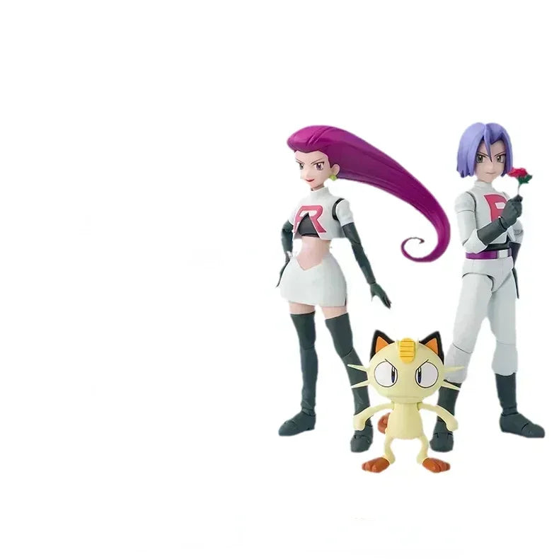 Spot Bandai Original Pokemon S.H.Figuarts SHF Ash Ketchum Pikachu Jessie James Meowth Anime Action Figures Toys for Kids Gift