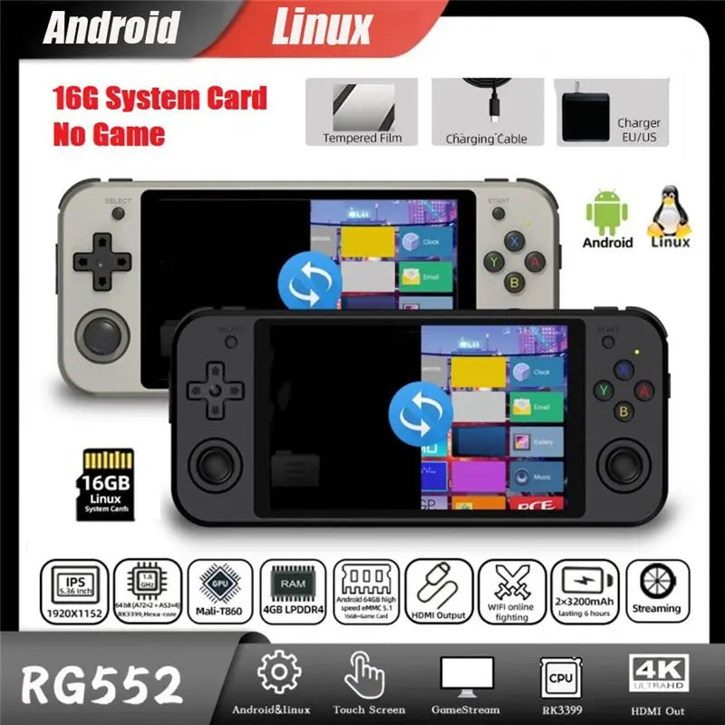 RG552 Large Screen Touch Screen Came Console 5.36 Inch IPS 1920X1152 16G Dual Systems Android Linux (B, EU Plug)