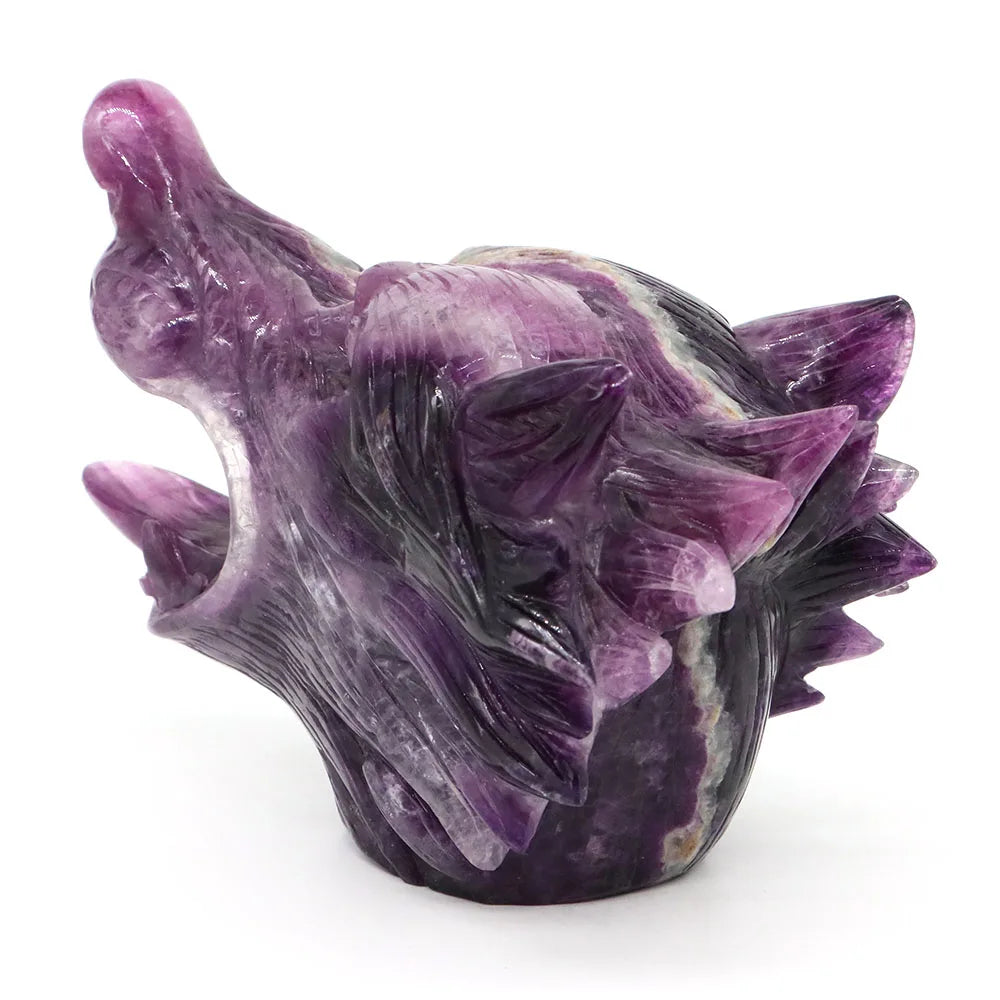 5.5" Wolf Head Natural Fluorite Reiki Healing Gemstone Carved Stone Animal Figurine Feng Shui Crafts Home Office Decoration Gift