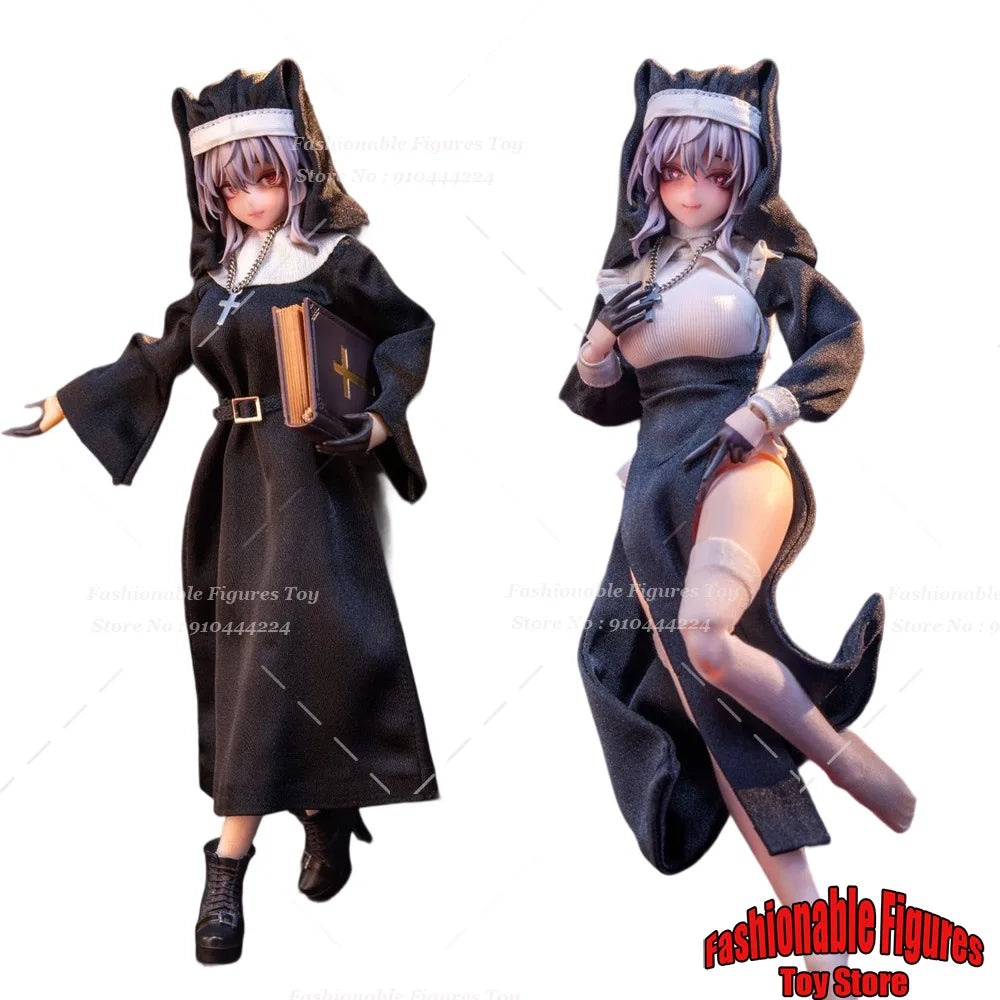 HASUKI CS017 1/12 Female Soldier Nun Uniform Cute Anime Girl Elastic Black Skirt Hat Socks Set Fit 6Inch Action Figure Body