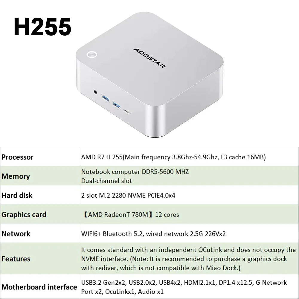 Aoostar AMD Ryzen 7 H255 Mini PC  Desktop – DDR5‑5600 Dual Channel, OCULINK USB4 x2, PCIe4.0 NVMe SSD, Wi‑Fi 6 & BT5.2,